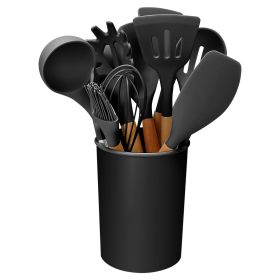 2 Color Options -- Set Of 11Pcs Silicone Cooking Utensil Set Heat Resist Wooden Handle Silicone Spatula Turner Ladle Spaghetti Server Tongs Spoon Egg (Option: Black)