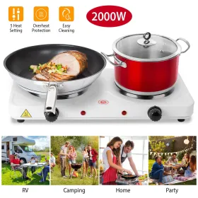 2000W Double Electric Burner Portable Dual Counter Stove Countertop Hot Plate Kitchen Cooker Stove With 5 Gear Temperature Control (Option: White)